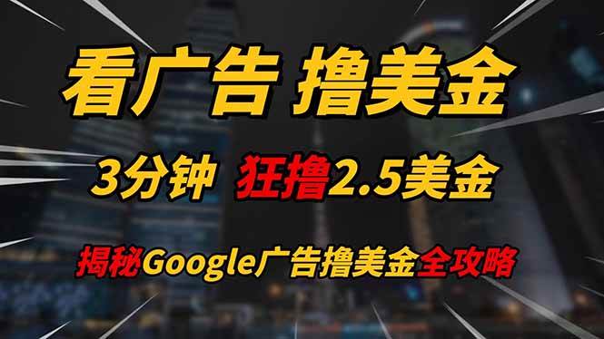 （14701期）看广告，撸美金！！3分钟赚2.5美金！！日入200美金不是梦！揭秘Google…-优优云网创