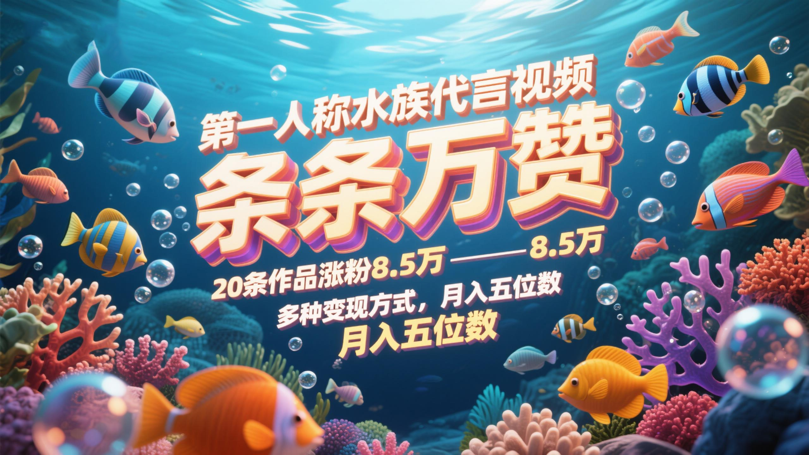 第一人称水族代言视频，条条万赞，20条作品涨粉8.5万，多种变现方式月，入五位数-优优云网创